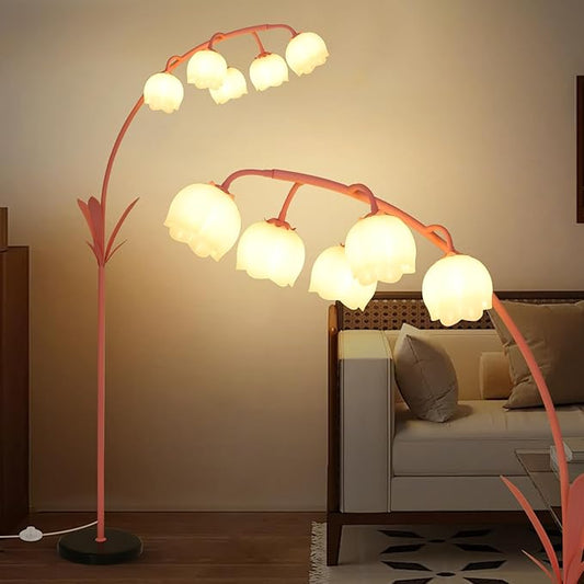HMVPL Pink Flower Floor Lamp for Living Room, Floral Arched Floor Lamp with 5 G9 LED Bulbs, Foot Switch, Curved Standing Lamp with Acrylic Shade, Cute Tall Lamp for Living Room Bedroom Girls Nursery - Aura Lighting