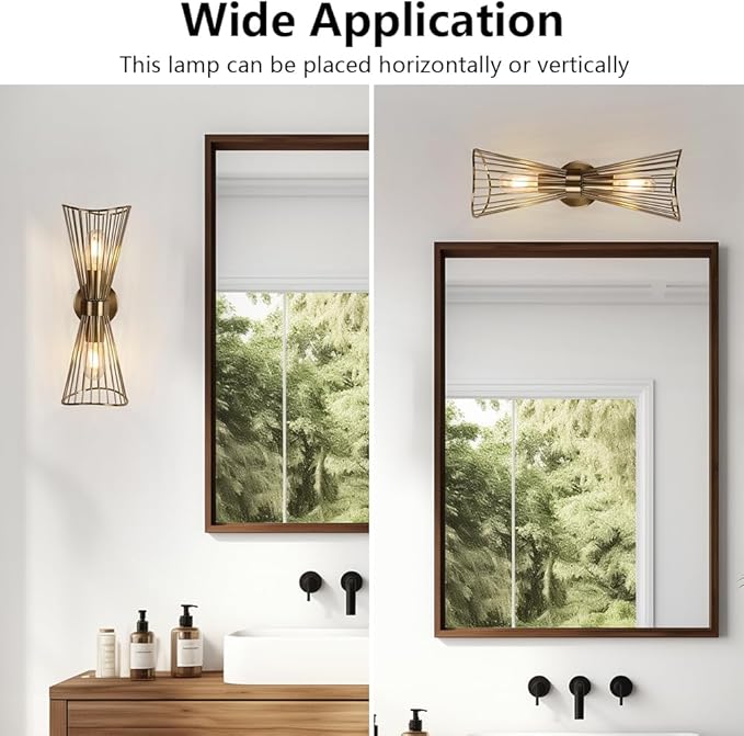 Brass Wall Sconces,Mid Century Wall Sconce Large 2 Light Vanity Light Hardwired Vintage Sconces Wall Lighting Fixtures for Bedroom Living Room Bathroom Hallway E26 - Aura Lighting