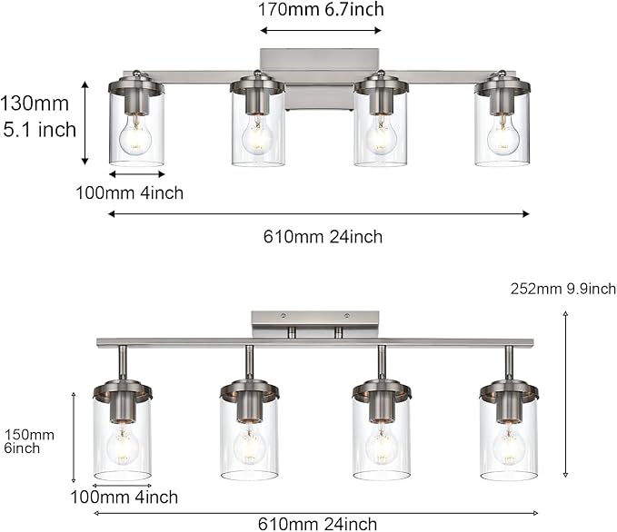 BONLICHT Modern Track Lighting Fixtures Ceiling 4 Light Adjustable Indoor Spotlight Brushed Nickel Farmhouse Bath Vanity Light Wall Mount Lamp with Clear Glass Shade - Aura Lighting