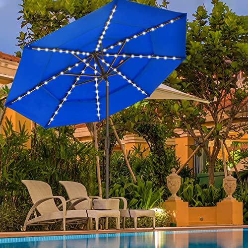 USA 10-Year-Non-Fading 9ft 3-Tier Market Patio Umbrella, Commercial Table Umbrella with 80 Solar LED Lights, Crank Open, Windproof & UPF 50+ UV Protection for Garden, Deck, Pool, Backyard, Royal Blue