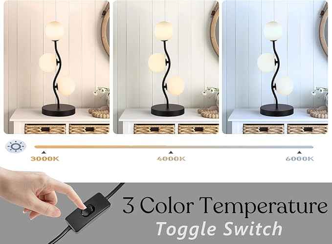 3-Light Curve Black Globe Table Lamp Mid Century Flower Beside Desk Table Light with Milk White Glass Shade Metal Base Nightstand Lamp for Bedroom Bedside