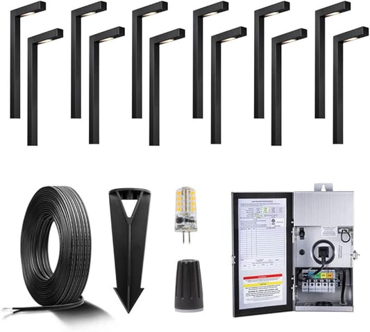 Gardenreet Solid Brass 12V LED Landscape Lighting Kit (12 Black Path Lights) with 300W Low Voltage Transformer and Mechanical Timer and 250FT Wire and 50Pack Connectors for Outdoor Pathway Garden - Aura Lighting