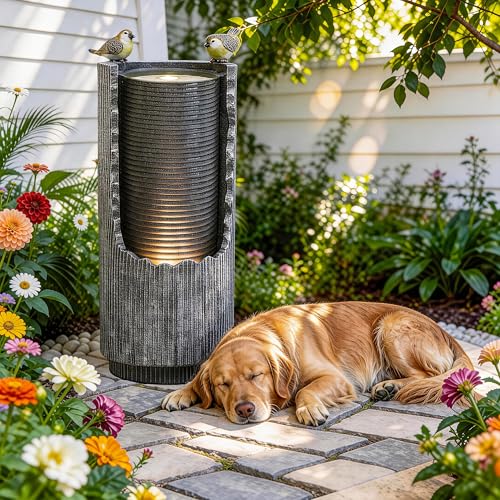 AUTODAYA 32" Bird Outdoor Fountain Distressed Fluted Column with Lights