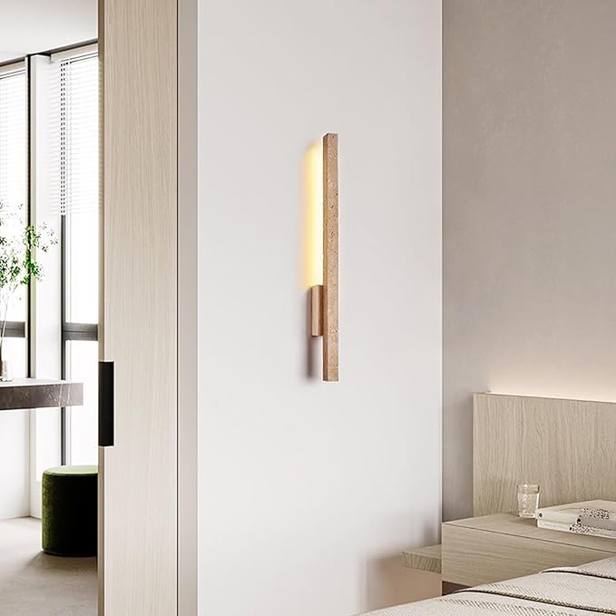 Japanese Style Stone Wall Sconce, Natural Yellow Travertine Wall Lamp, 8W LED Warm Light 3000K Wall Light, Wabi-Sabi Art Light Fixture for Living Room Bedroom Bedside Hallway(Wood)