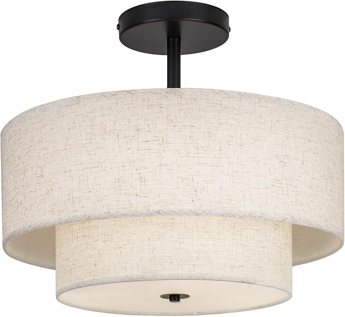 18 Inch Large Semi Flush Mount Ceiling Light Fixture with Dual Drum Design, Farmhouse Fabric Linen Shade for Bedroom, Living Room, Kitchen, and Dining - Modern Chandelier Lamp - Aura Lighting