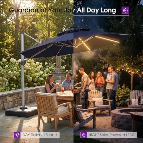 Patio Umbrella with Base 13ft LED Light Double Top