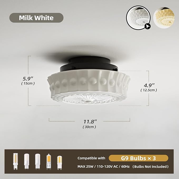 Milk Glass Schoolhouse Ceiling Light - Small 12 Inch Vintage Mid Century Modern Flush Mount Lighting Fixtures - Antique Art Deco Lamp for Hallway Bedroom Kitchen Entryway Laundry Foyer Bathroom Hall - Aura Lighting