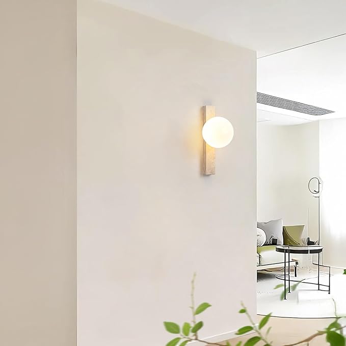 Yellow Travertine Stone Wall Sconce, Natural Marble Wall Lamp with Glass Lampshade, Japanese Style Wabi Sabi Wall Light Fixture for Bedside Bedroom Living Room Hallway Entryway