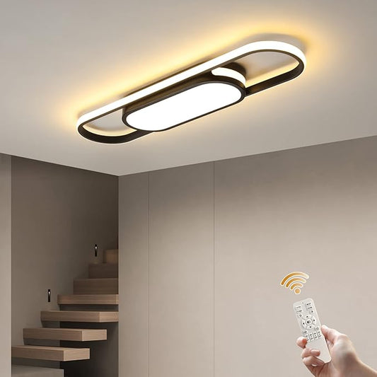 Tioolo Modern LED Linear Ceiling Lights Dimmable LED Ceiling Lamp with Remote Control 2.3ft Acrylic Flush Mount Ceiling Lighting Fixtures for Living Room Kitchen Dining Room (40W/3000-6500K/Black) - Aura Lighting