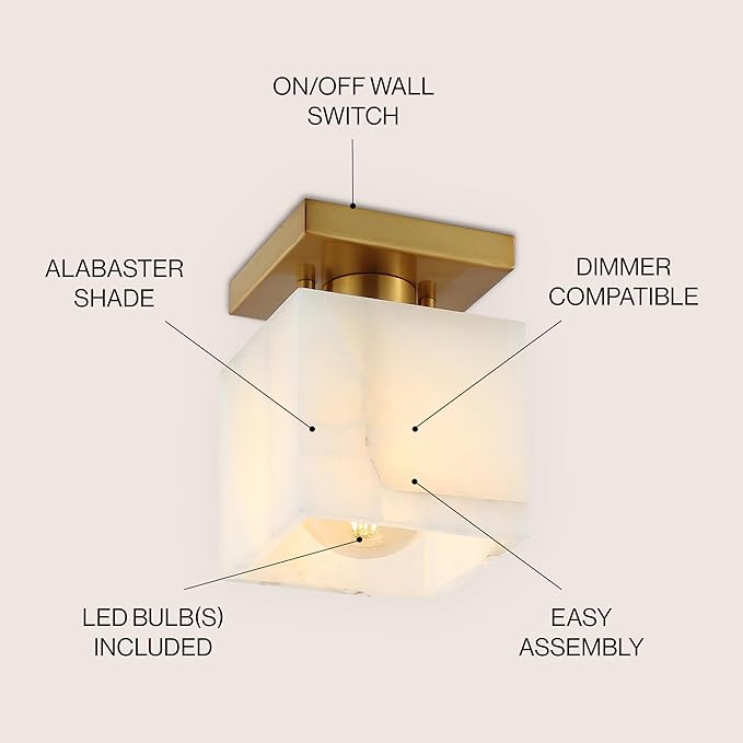 JONATHAN Y 5" White Marbling/Brass Gold Modern 1-Light Semi Flush Mount Ceiling Light for Bedroom, Cube White Alabaster Marble Shade, Mid-Century Minimalist Fixture, LED Bulb Included JYL1202A