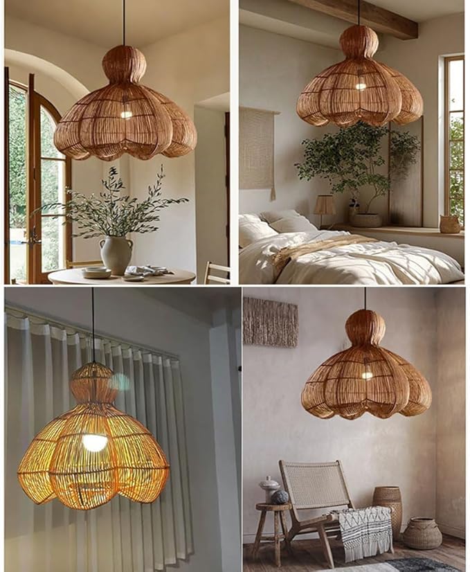 Woven Rattan Light，Petal-Shaped Rattan Lampshade，Large Hand-Woven Wabi-sabi Style Chandelier，Adjustable Pendant Light Fixtures for Dining Room, Kitchen, Living Room
