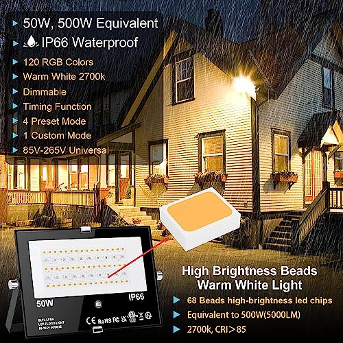 Outdoor LED Flood Light RGB Color Changing 500W Equivalent 2700k WarmWhite 5000LM Spotlight