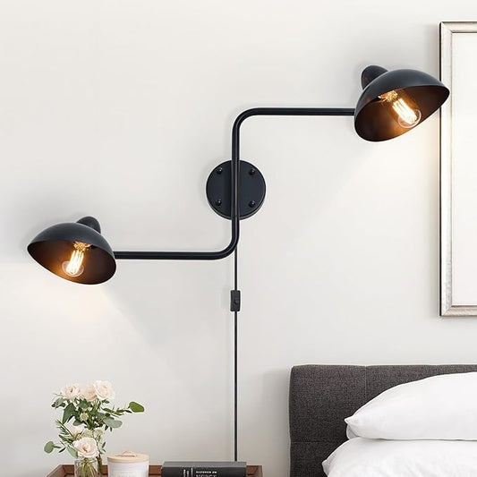 Adjustable Black Swing Arm Wall Sconce, 2-Light Plug in Wall Lamps with ON/Off, Rotatable Metal Dome Shades Wall Mount Lighting Fixture for Living Room Bedroom Study