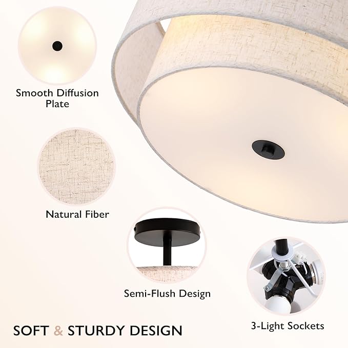 16" Double Drum 3-Light Semi Flush Mount Ceiling Light, Classic Fabric Linen Shade Design for Living Room, Bedroom, Kitchen, Dining Room, Hallway and Entryway - Aura Lighting