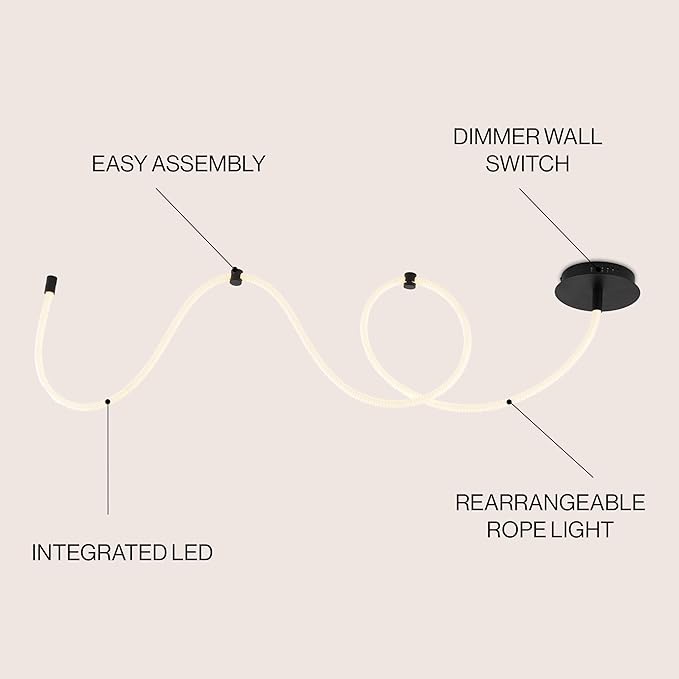 JONATHAN Y 55" Black Modern Minimalist Linear LED Flush Mount Light, 360° Adjustable Silicone Neon Rope, Dimmable Lamp for Bedroom, Living Room, Home Office (JYL7141B)