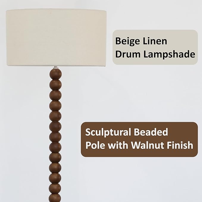 Buruis 61" Beaded Wood Floor Lamp with 17.2" Large Linen Shade, UL Listed, Retro Mid-Century Accent Walnut Finish Standing Lamp for Living Room, Bedroom, Office, Corner, Bulb Not Included, Beige