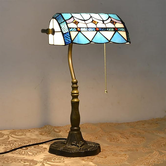 (4 Variation) Tiffany Bankers Lamp,Handmade Tiffany Table Lamp,Decorative Mediterranean Lamp,Victorian Lamps,Stained Glass Lamp for Living Room Bedroom Bedside Office,Blue b