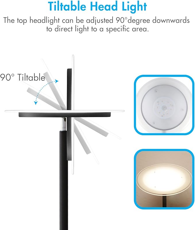 Tenergy Modern Torchiere Floor Lamp, 3000L LED, 30W, Remote Control, Touch Dimmer, 90° Adjustable, Warm White