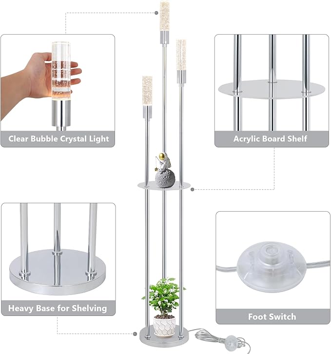 Bubble Crystal Floor Lamp with Shelves, 3 Lights Modern Standing Lamps for Living Room, Built-in LED Lights, Foot Switch, Industrial Tall Corner Floor Lamp for Bedroom Home Office, Silver