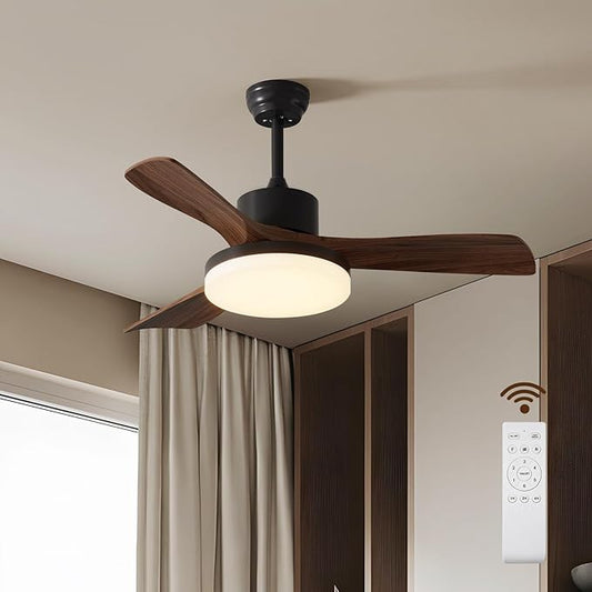 42 Inch Wood Ceiling Fan with Lights Remote Control, 3 Blades Outdoor Ceiling Fans for Patios, Black Walnut Modern Ceiling Fan, Ceiling Light with Fan for Bedroom, Living, Dining Room
