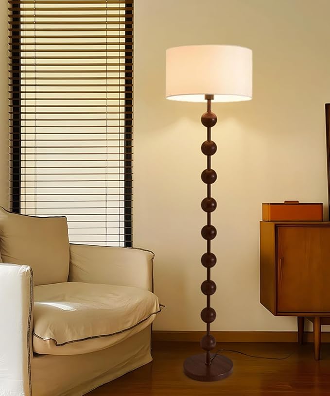 Wabi-sabi 63" Round Fabric Floor Lamp Walnut Iron Floor Light Cloth Standing Lamp with E26 Dimmable Spherical Body Tall Light for Living Room Bedroom Study Office