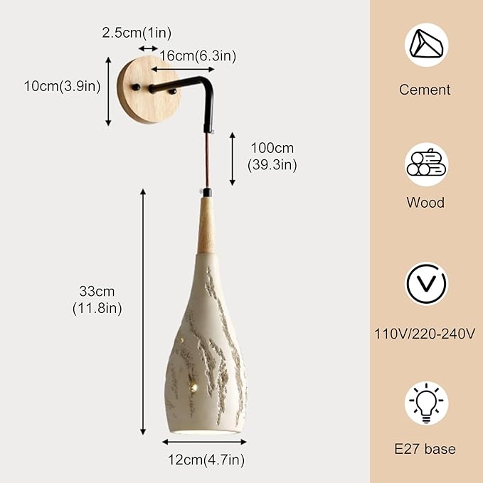Modern Cement Wall Sconce Lighting, Nordic Solid Wood Hanging Wall Lamp, Interior Decoration Wall Light Fixtures, Japanese Style Wabi Sabi Art Decor Wall Sconces for Bedroom Bedside Hallway