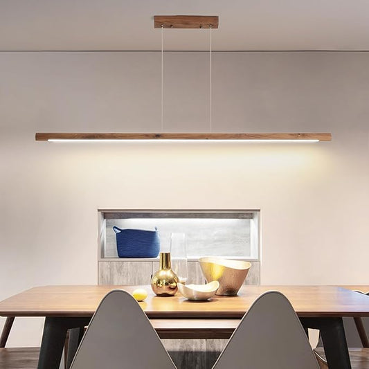 Modern Wooden Pendant Light, 47IN Walnut Wooden Chandelier with Remote Control 3000k-6500K Adjustable Color Temperature，Aluminum Island Lighting Lamp for Dining Room, Living Room, Kitchen