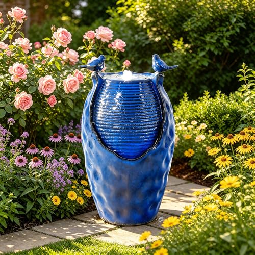 Autodaya 25" Ceramic Jar Outdoor Water Fountain with Hammered Texture