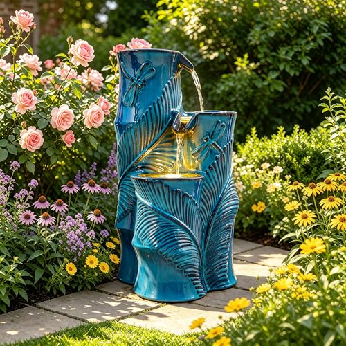 Autodaya Tropical Turquoise Ceramic Outdoor Water Fountain with Lights