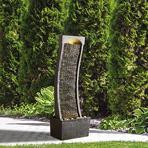 38.58 in. Modern Curved Faux Slate Waterfall Fountain for Indoors or Outdoors with LED Light Accents and 1.98