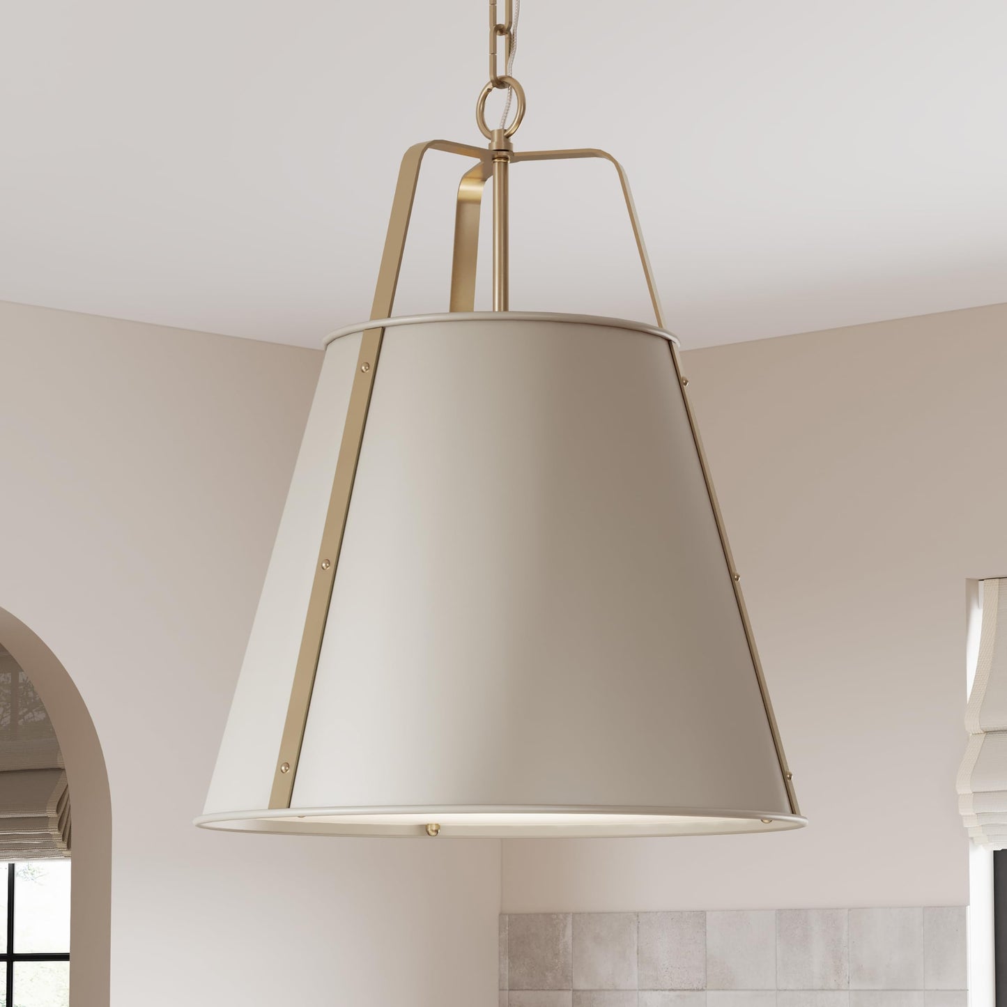 Etcher 18" 2 Light Updated Traditional Pendant with Satin Etched White Glass Diffuser in Greige and Champagne Bronze