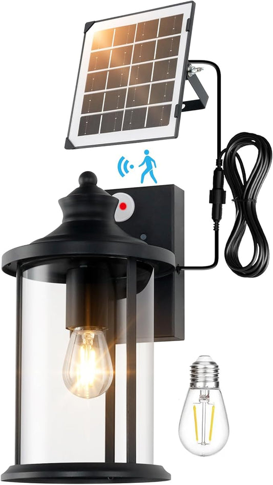 VORZU Porch Lights Outdoor Dusk to Dawn Motion Sensor Solar Wall Lantern Separate Panel & Battery Replaceable Exterior Waterproof Wall Sconce Lighting Lamp (Black-Split Solar Lights13, 1 Pack)