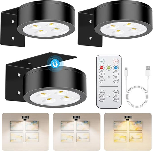 Wireless Magnetic Picture Lights LED Mural Light Rechargeable Battery-Powered Wall Frame Lights with 3 Lighting Modes, Remote Control, and Timer 3Pack Black