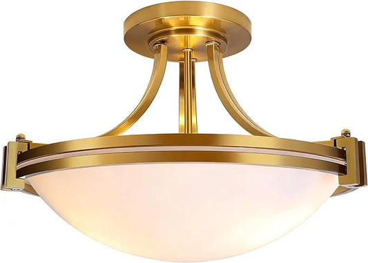 Bektas Semi Flush Mount Ceiling Light Fixture,16inch Brushed Gold Light Fixture with Milk Glass for Bedroom,Kitchen,Bathroom,Hallway,Foyer,Living Room,Dinning Room(3-Lights)