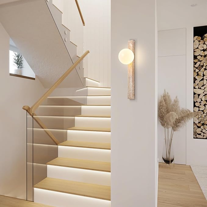 Modern Yellow Travertine Wall Sconce, Japanese Style Wabi Sabi Light Fixture with Natural Stone Base & Glass Lampshade, Interior Decoration Wall Lamp for Bedroom Living Room Hallway(60cm)