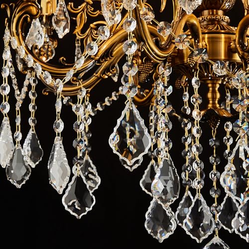 Vintage 10 Arms Crystal Chandelier Candle Light Fixture for Dining Room Living Room Bedroom Hallway Entryway Antique Gold Finish