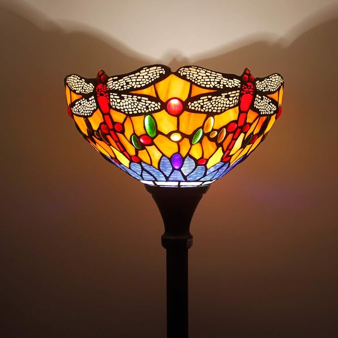 WERFACTORY Tiffany Floor Lamp Orange Blue Stained Glass Dragonfly Light 12X12X71 Inches Torchiere Standing Corner Torch Uplight Decor Bedroom Living Room Home Office S168 Series