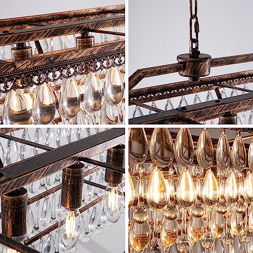 Dining Room Crystal Chandelier 40 Inch Antique Bronze Rectangle Chandeliers 7 Lights Farmhouse Hanging Ceiling Large Light Fixtures for Kitchen Island
