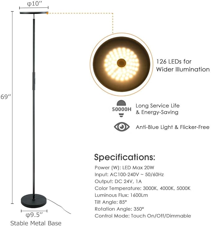 Tangkula Sky LED Torchiere Floor Lamp, Dimmable Standing Light with 3 Light Options, Ideal for Living Room, Bedroom and Office (Black)
