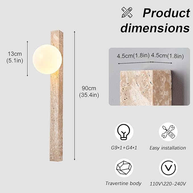 Modern Yellow Travertine Wall Sconce, Japanese Style Wabi Sabi Light Fixture with Natural Stone Base & Glass Lampshade, Interior Decoration Wall Lamp for Bedroom Living Room Hallway(90cm)