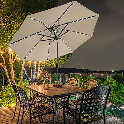 USA 10-Year-Non-Fading 9ft Market Patio Umbrella, Commercial Grade Table Sun Umbrella with 80 Solar LED Lights, Crank Open, Windproof & UPF 50+ UV Protection for Garden, Deck, Pool, Backyard, Antique Beige