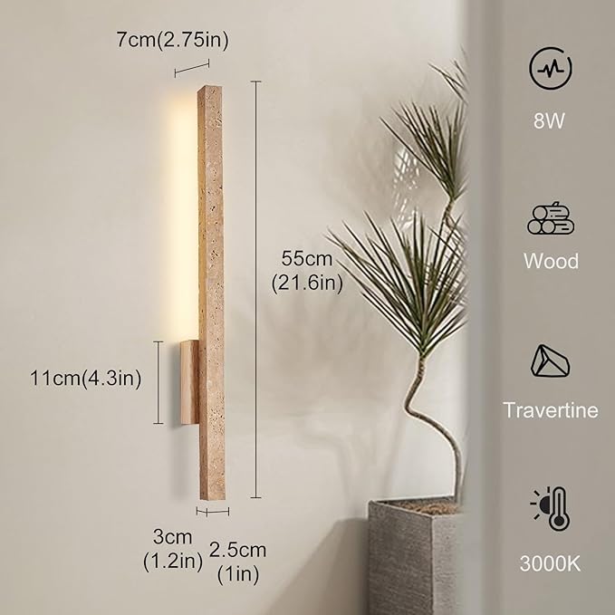 Japanese Style Stone Wall Sconce, Natural Yellow Travertine Wall Lamp, 8W LED Warm Light 3000K Wall Light, Wabi-Sabi Art Light Fixture for Living Room Bedroom Bedside Hallway(Wood)