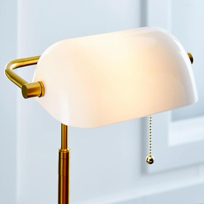 Vintage Bankers Desk Lamp with White Glass Shade, Classic Table Lamp with Pull Chain Switch, Retro Bedside Reading Light for Home Office or Study Room, Gold Metal Base