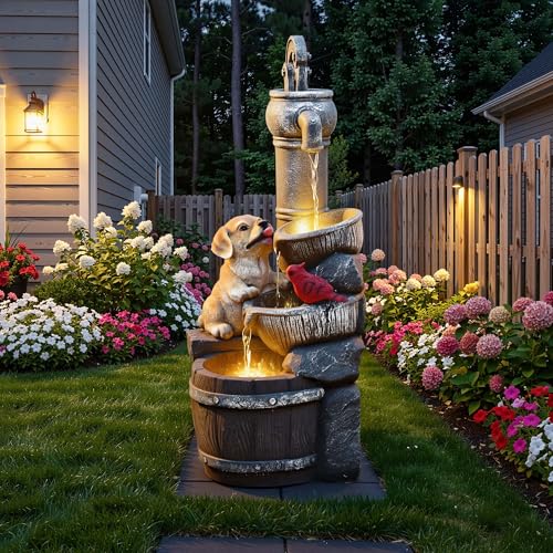 30" Puppy & Red Bird Outdoor Fountain