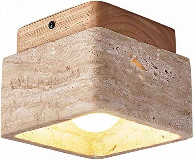 Modern Natural Travertine Ceiling Light, Square Flush Mount Lamp Wabi-Sabi Hallway Lamp, Stone Entryway Fixture Hand Polished Rustic Decor for Aisle and Corridor, 4.7 Inch(Walnut)