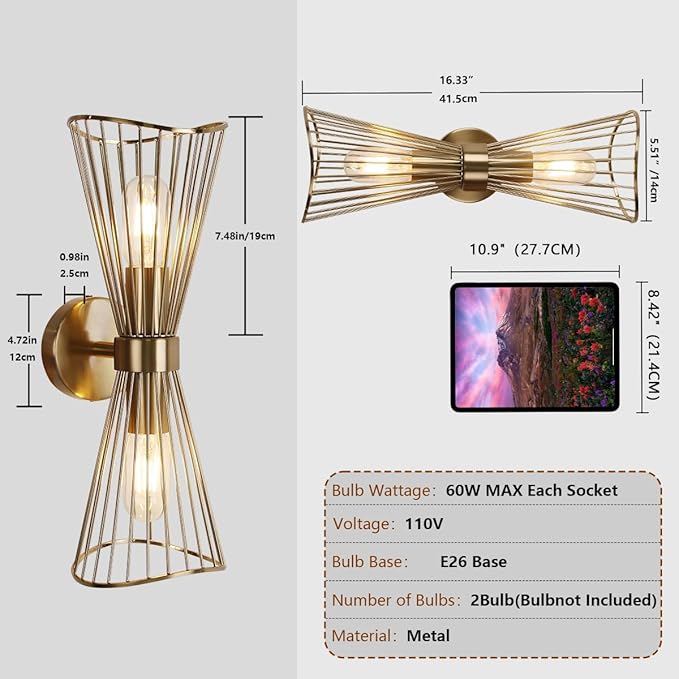 Brass Wall Sconces,Mid Century Wall Sconce Large 2 Light Vanity Light Hardwired Vintage Sconces Wall Lighting Fixtures for Bedroom Living Room Bathroom Hallway E26 - Aura Lighting