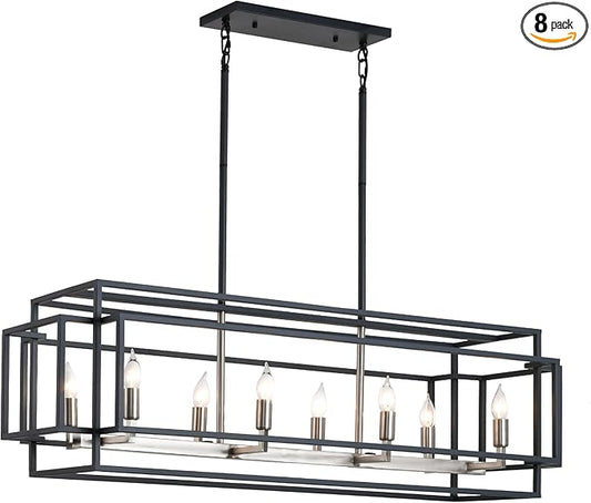 8-Light Kitchen Island Lighting, Black and Sliver Rectangle Chandeliers for Dining Room, Metal Farmhouse Dining Room Light Fixtures Over Table, Linear Chandelier with Brushed Nickel Socket