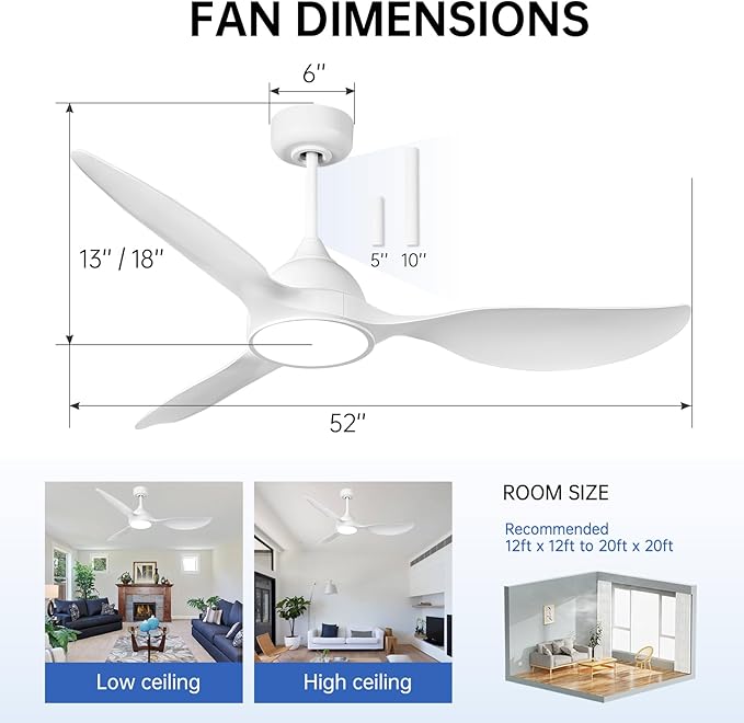 reiga 52 inch White Modern Ceiling Fans with Lights Remote Control, Quiet Reversible DC Motor, 3 Blade High Flow for Living Room Bedroom Farmhouse - Aura Lighting