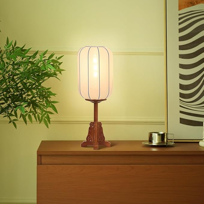 Wood Table Lamp Chinese Style Lantern Desk Light with Fabric Shade Japanese Lamp Lantern Wooden Standing Lights for Nightstand, Dresser, Living Room, Restaurant, Office