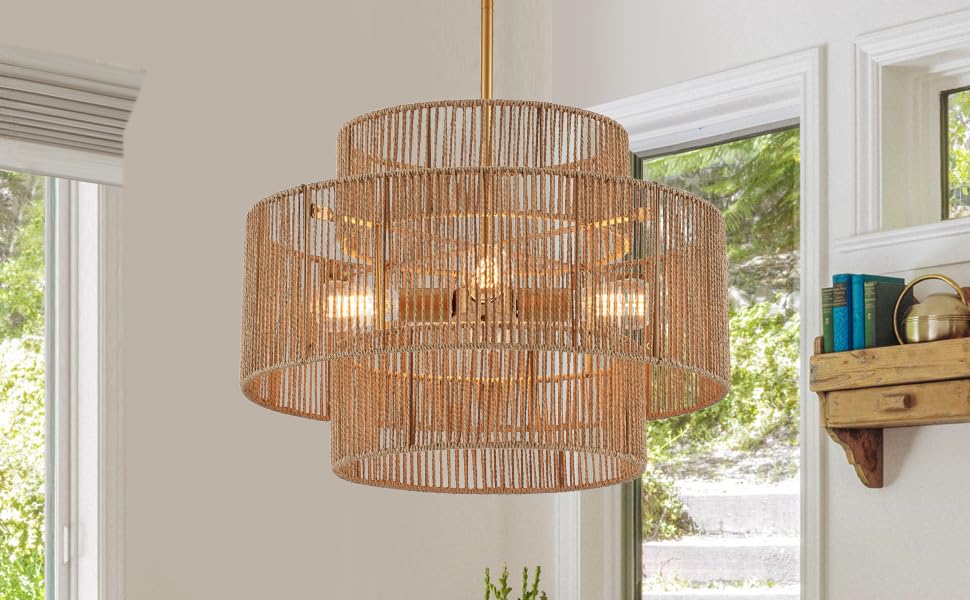 24” Boho Hand Woven Rattan Chandelier 3 Round Adjustable 4